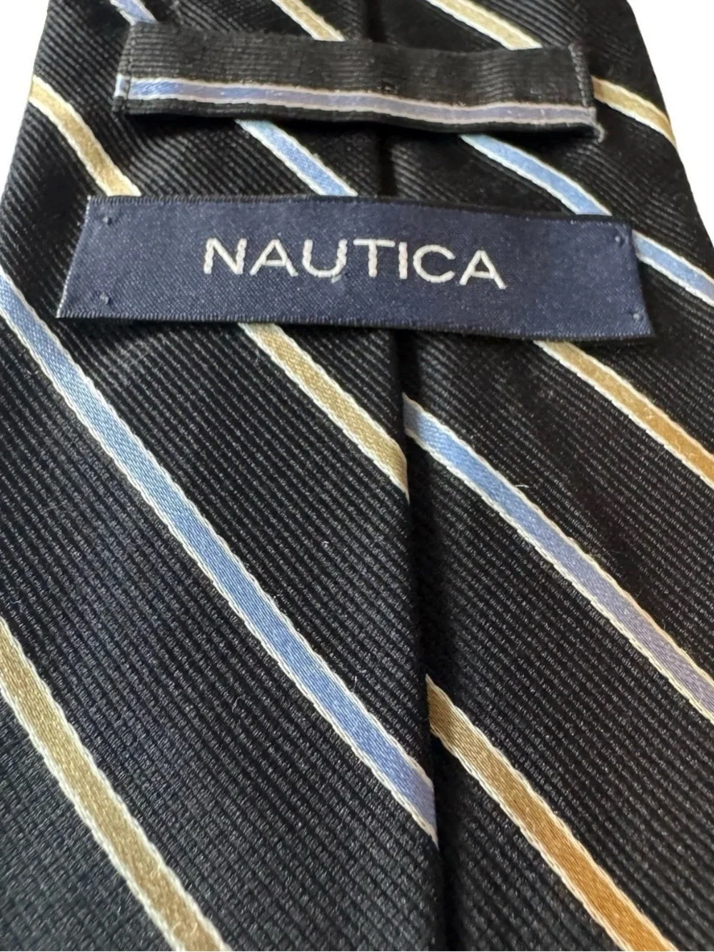 Nautica Black Blue and Tan Striped Rep Necktie
